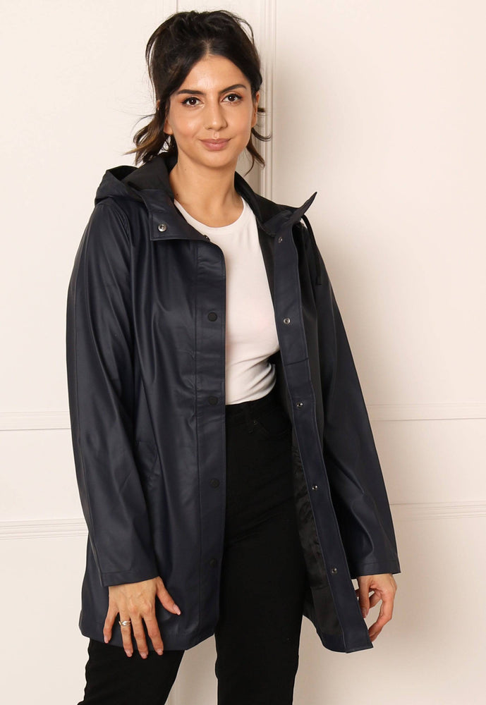 
                  
                    ONLY Ellen Rubberised Matte Hooded Raincoat Mac in Navy Blue - One Nation Clothing
                  
                