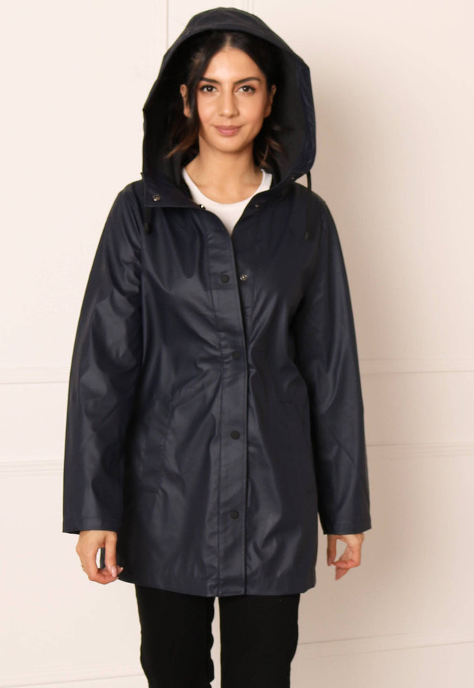 ONLY Ellen Rubberised Matte Hooded Raincoat Mac in Navy Blue - One Nation Clothing