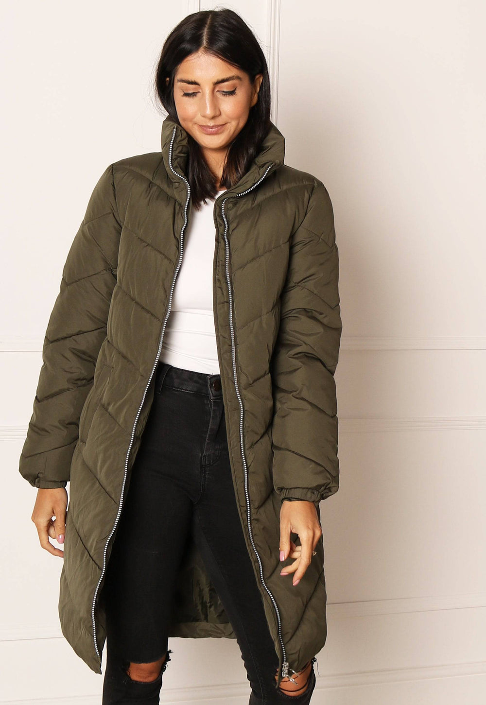 JDY Finno Longline Padded Puffer Coat in Khaki Green - One Nation Clothing