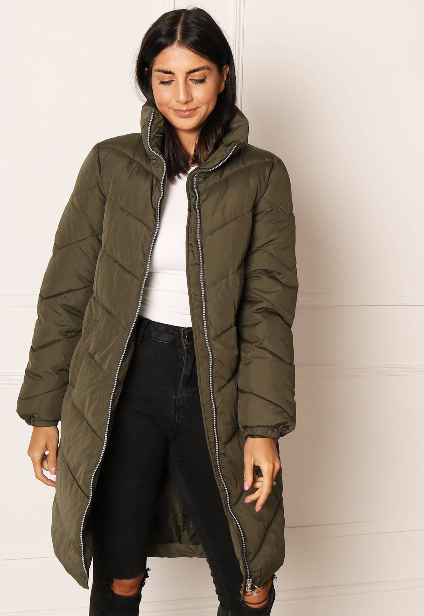 VILA Nilly Longline Midi Padded Puffer Coat with Funnel Neck in Tan  One  Nation Clothing VILA Nilly Longline Midi Padded Puffer Coat with Funnel  Neck in Tan