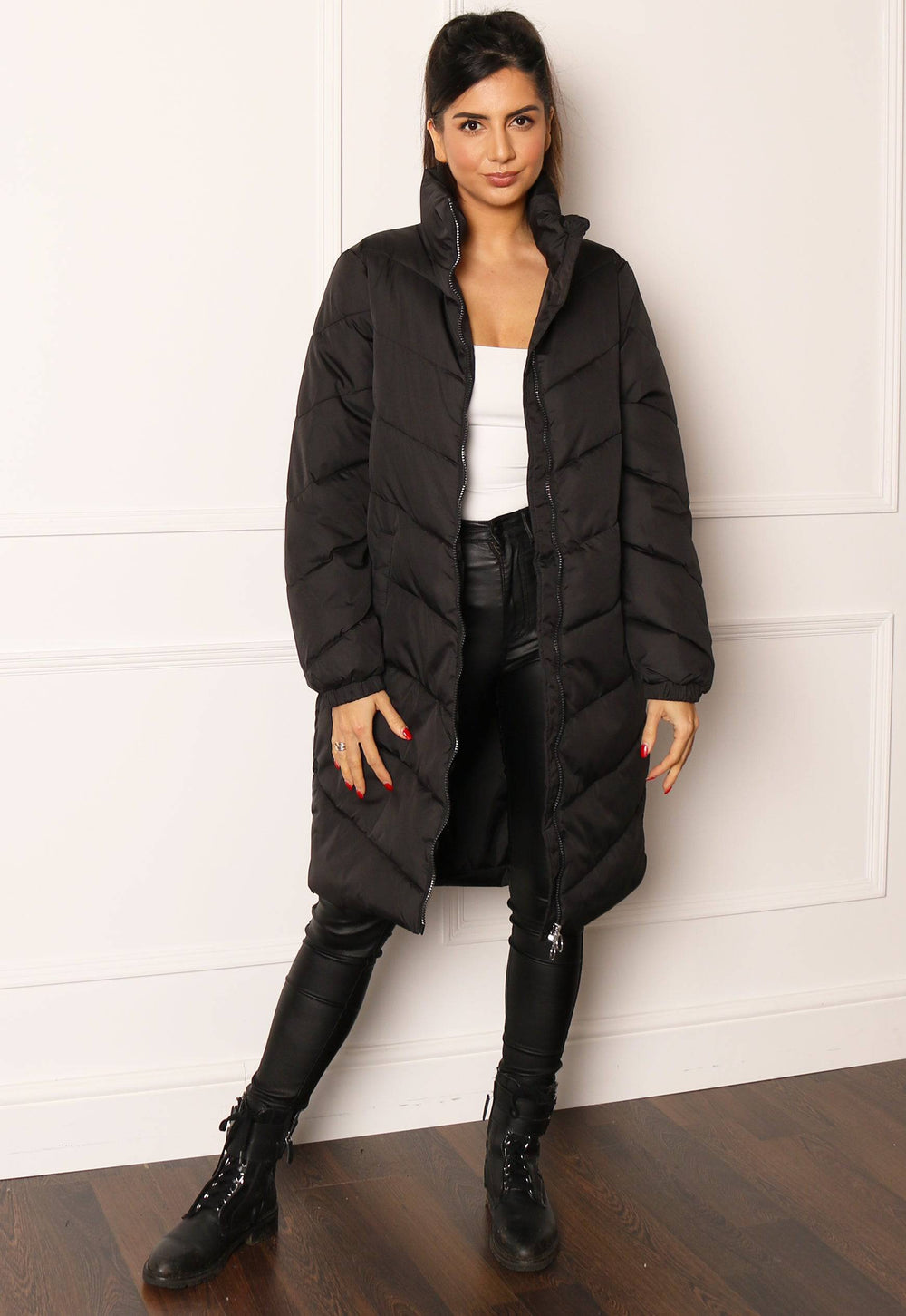 JDY Finno Longline Padded Puffer Coat in Black - One Nation Clothing