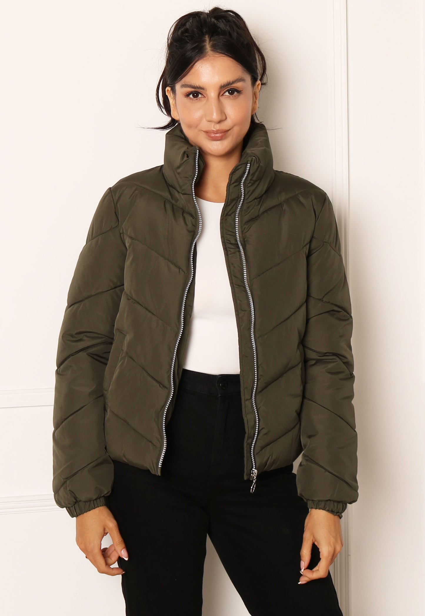 JDY Finno Short Padded Puffer Jacket in Khaki Green - One Nation Clothing