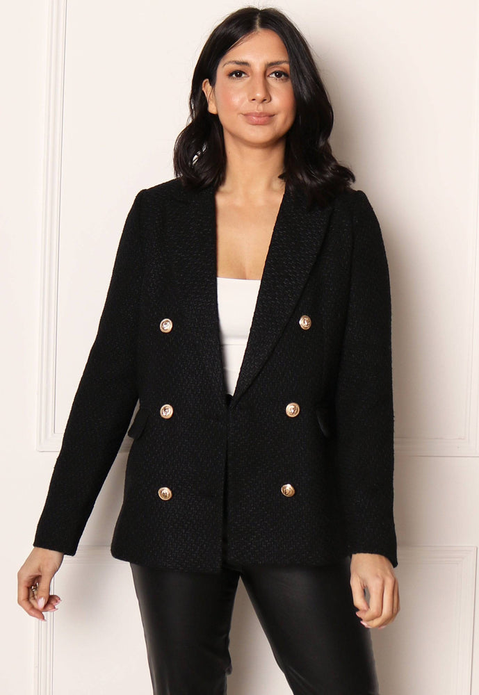 
                  
                    VERO MODA Brooke Boucle Double Breasted Gold Button Blazer in Black - One Nation Clothing
                  
                