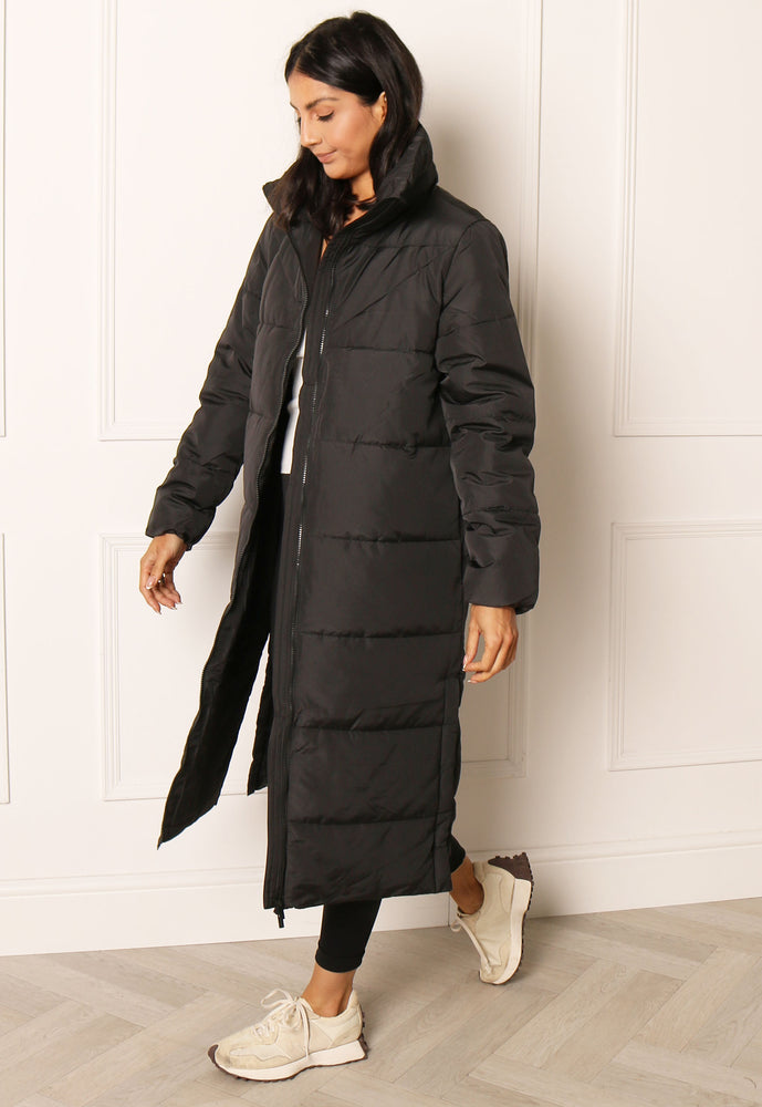 VILA Nilly Longline Midi Padded Puffer Coat with Funnel Neck in Black - One Nation Clothing