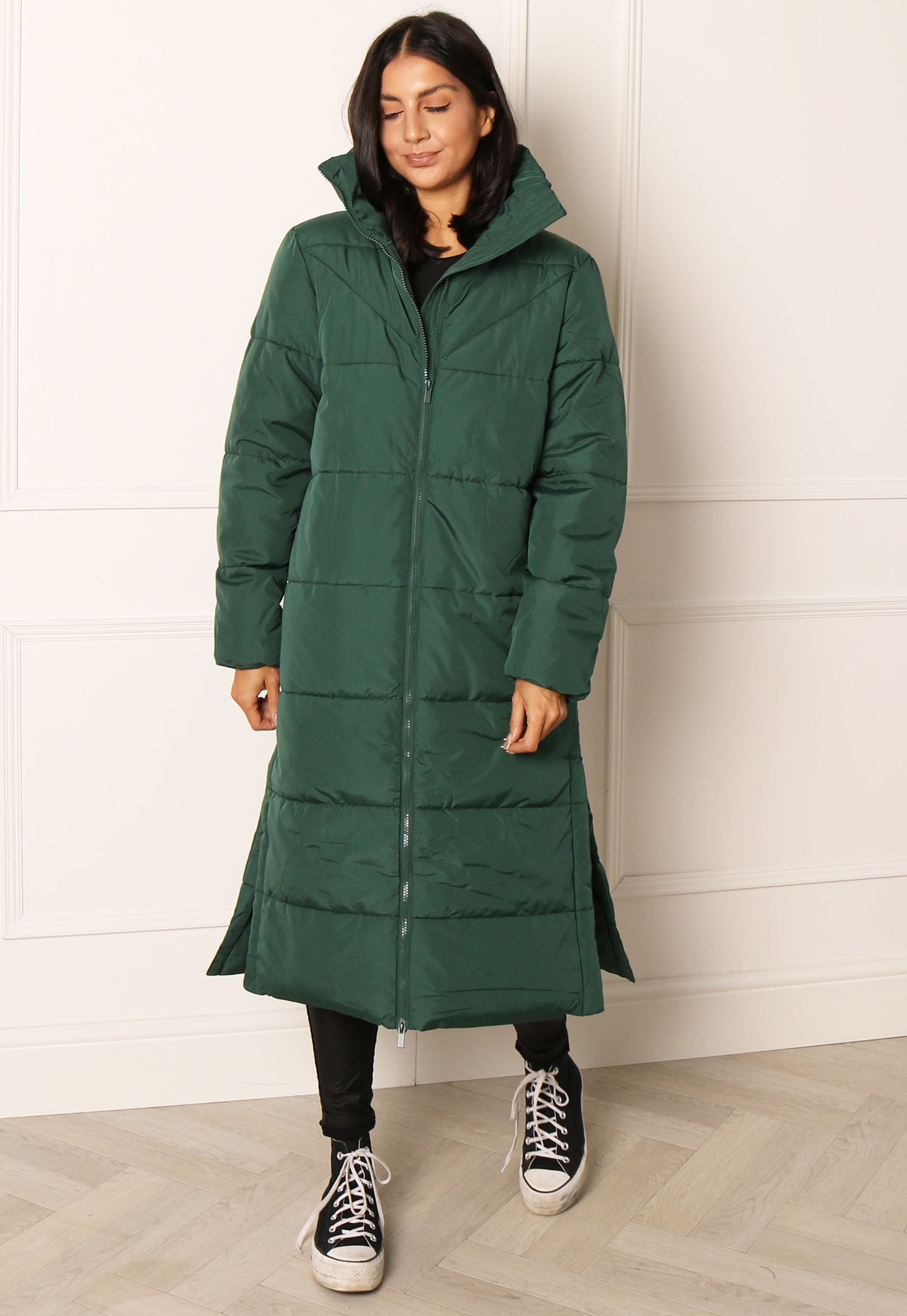 VILA Nilly Longline Midi Padded Puffer Coat with Funnel Neck in Bottle Green - One Nation Clothing
