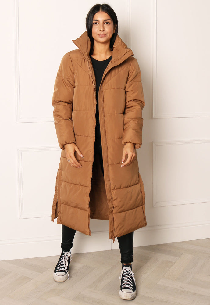 VILA Nilly Longline Midi Padded Puffer Coat with Funnel Neck in Tan - One Nation Clothing