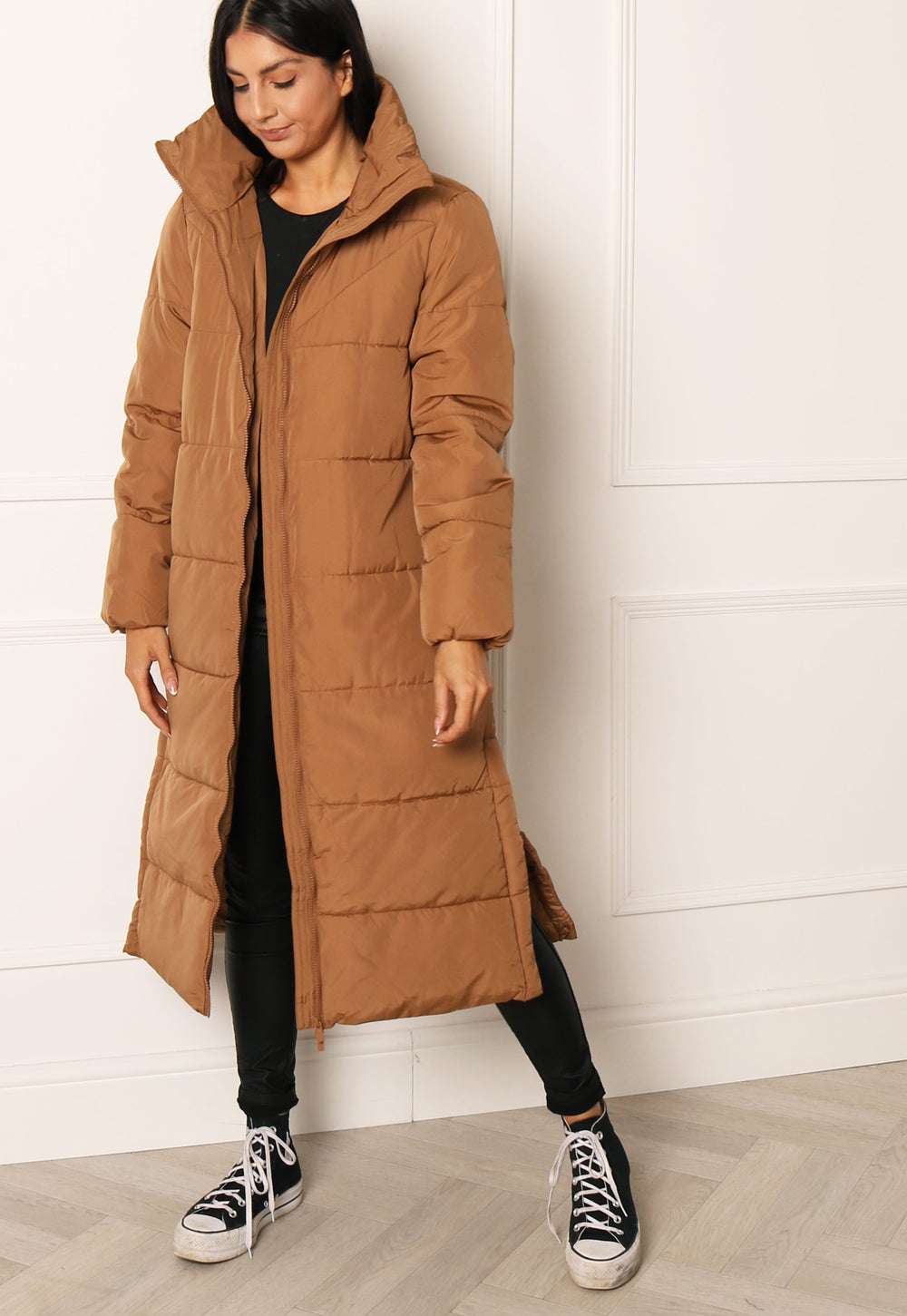 VILA Nilly Longline Midi Padded Puffer Coat with Funnel Neck in Tan - One Nation Clothing