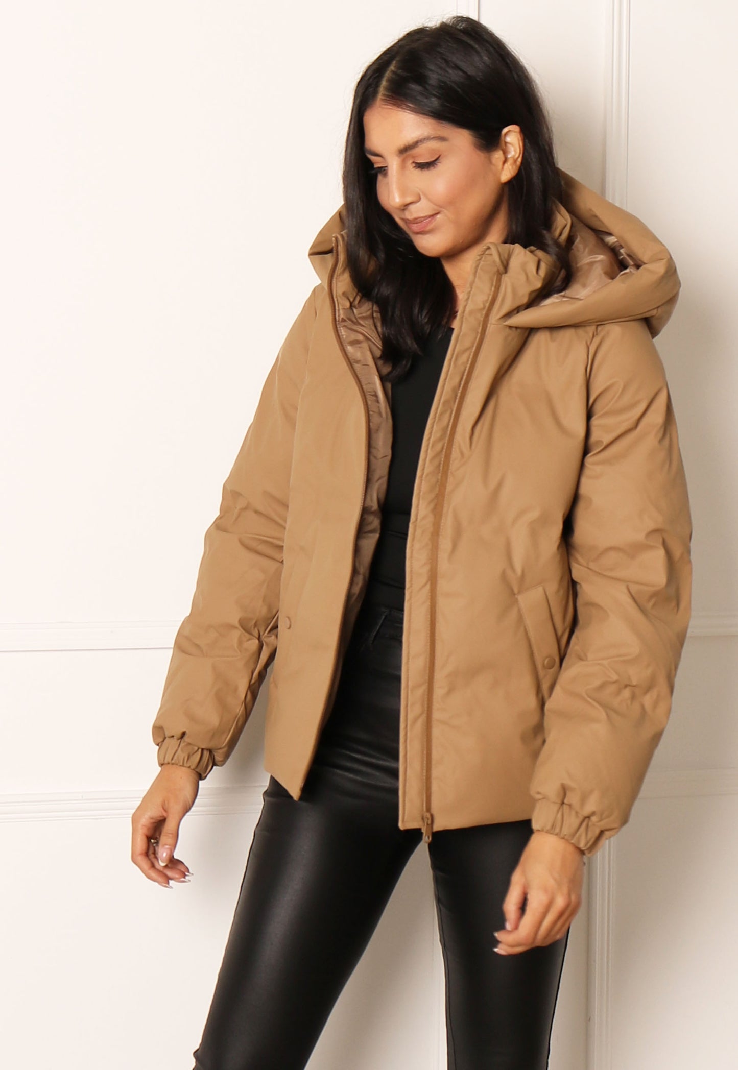 VERO MODA Noe Water Repellent Quilted Short Hooded Puffer Jacket in Soft Tan - One Nation Clothing