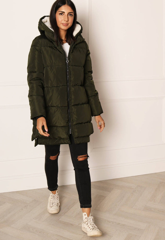 ONLY Nora Luxe Quilted Longline Hooded Puffer Coat in Khaki - One Nation Clothing