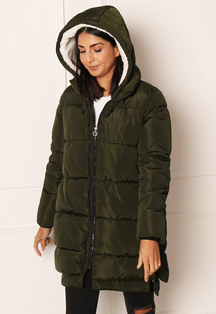 ONLY Nora Luxe Quilted Longline Hooded Puffer Coat in Khaki - One Nation Clothing