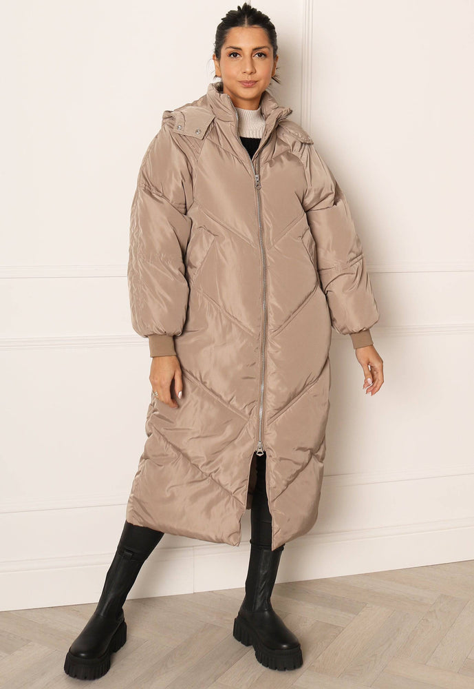 PIECES Felicity Maxi Longline Chevron Duvet Puffer Coat with Hood in Beige - One Nation Clothing