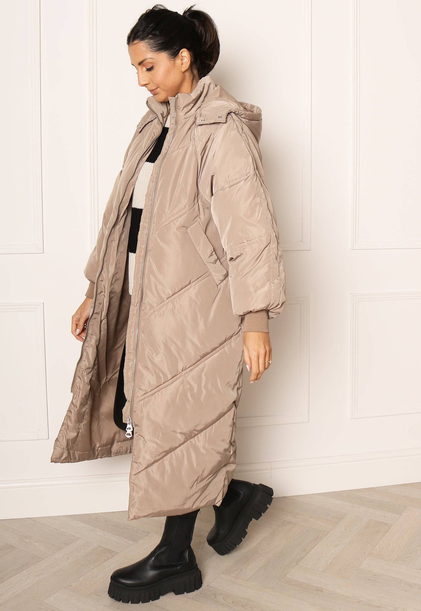 PIECES Felicity Maxi Longline Chevron Duvet Puffer Coat with Hood in Beige - One Nation Clothing