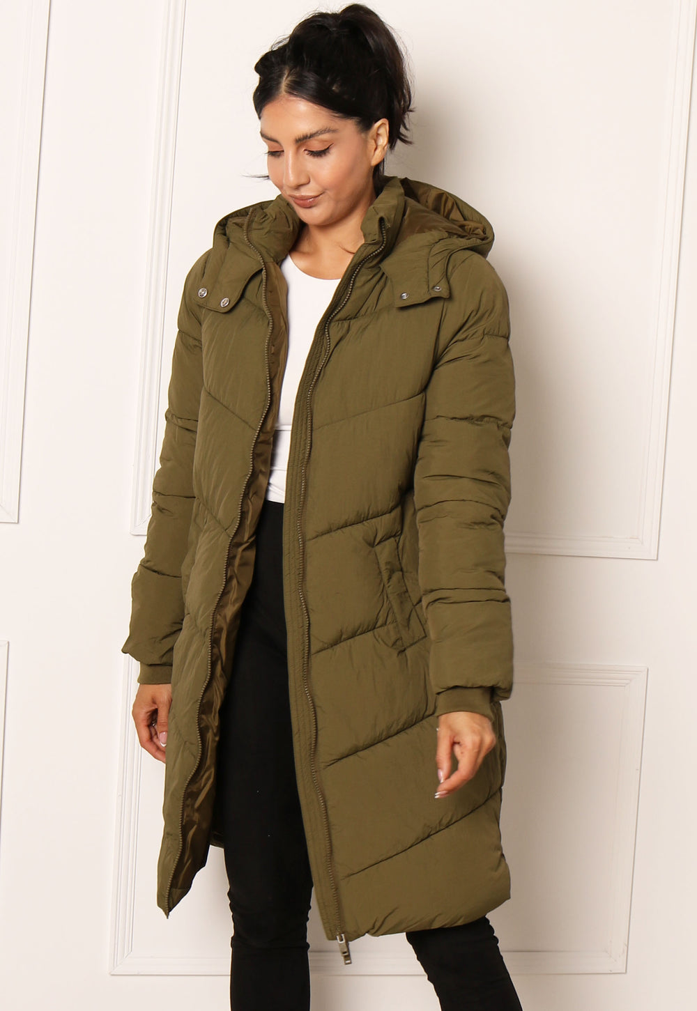 PIECES Jamilla Chevron Quilted Longline Hooded Puffer Coat in Khaki - One Nation Clothing