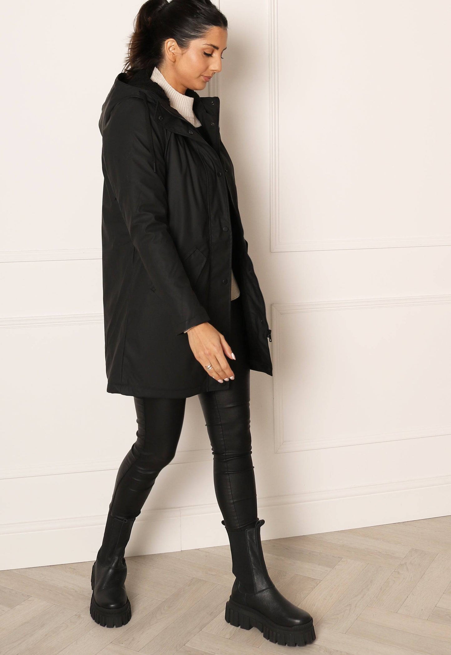 ONLY Sally Rubberised Matte Hooded Raincoat Mac with Shearling Lining in Black - One Nation Clothing