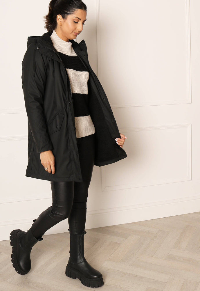 
                  
                    ONLY Sally Rubberised Matte Hooded Raincoat Mac with Shearling Lining in Black - One Nation Clothing
                  
                