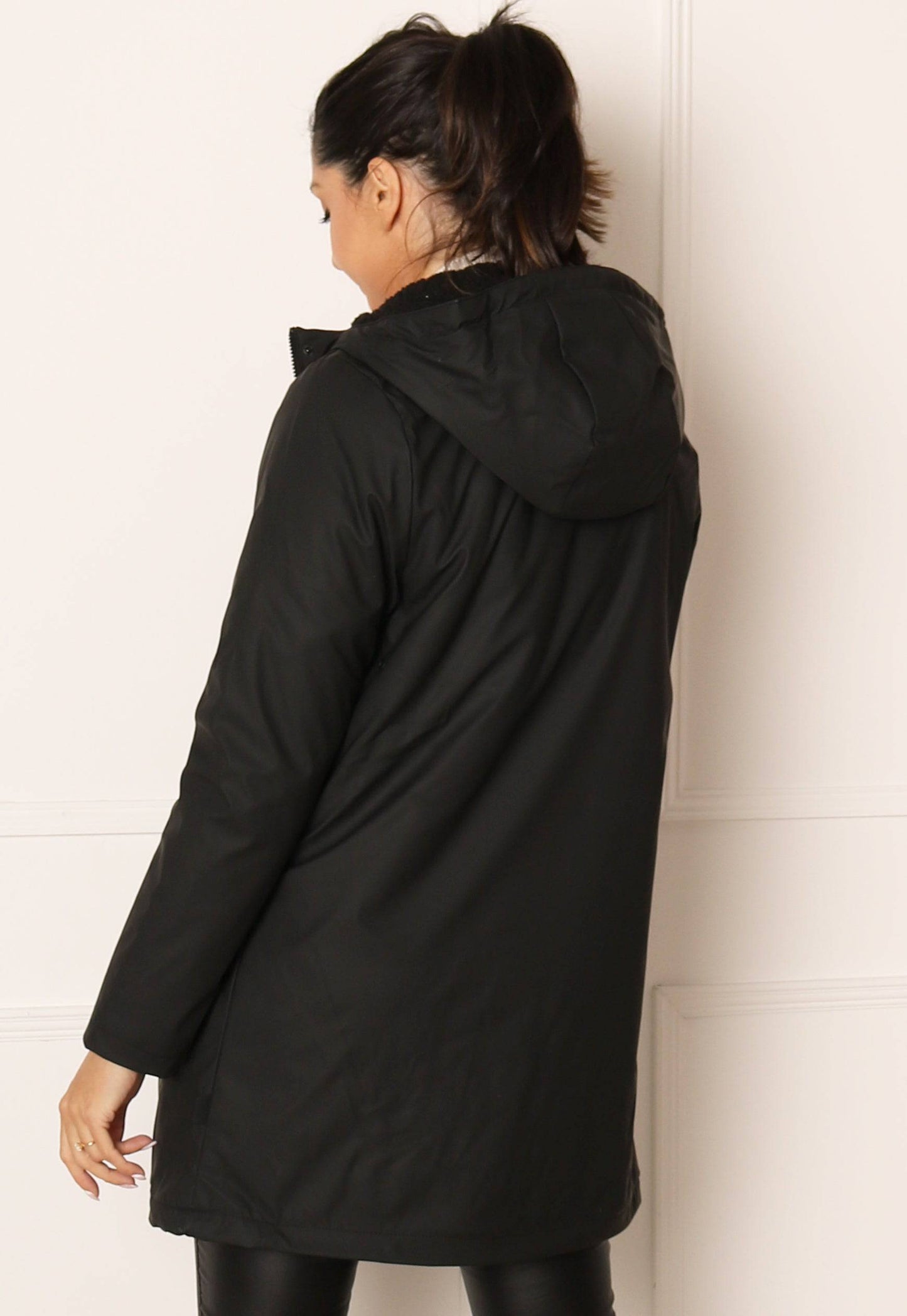 
                  
                    ONLY Sally Rubberised Matte Hooded Raincoat Mac with Shearling Lining in Black - One Nation Clothing
                  
                