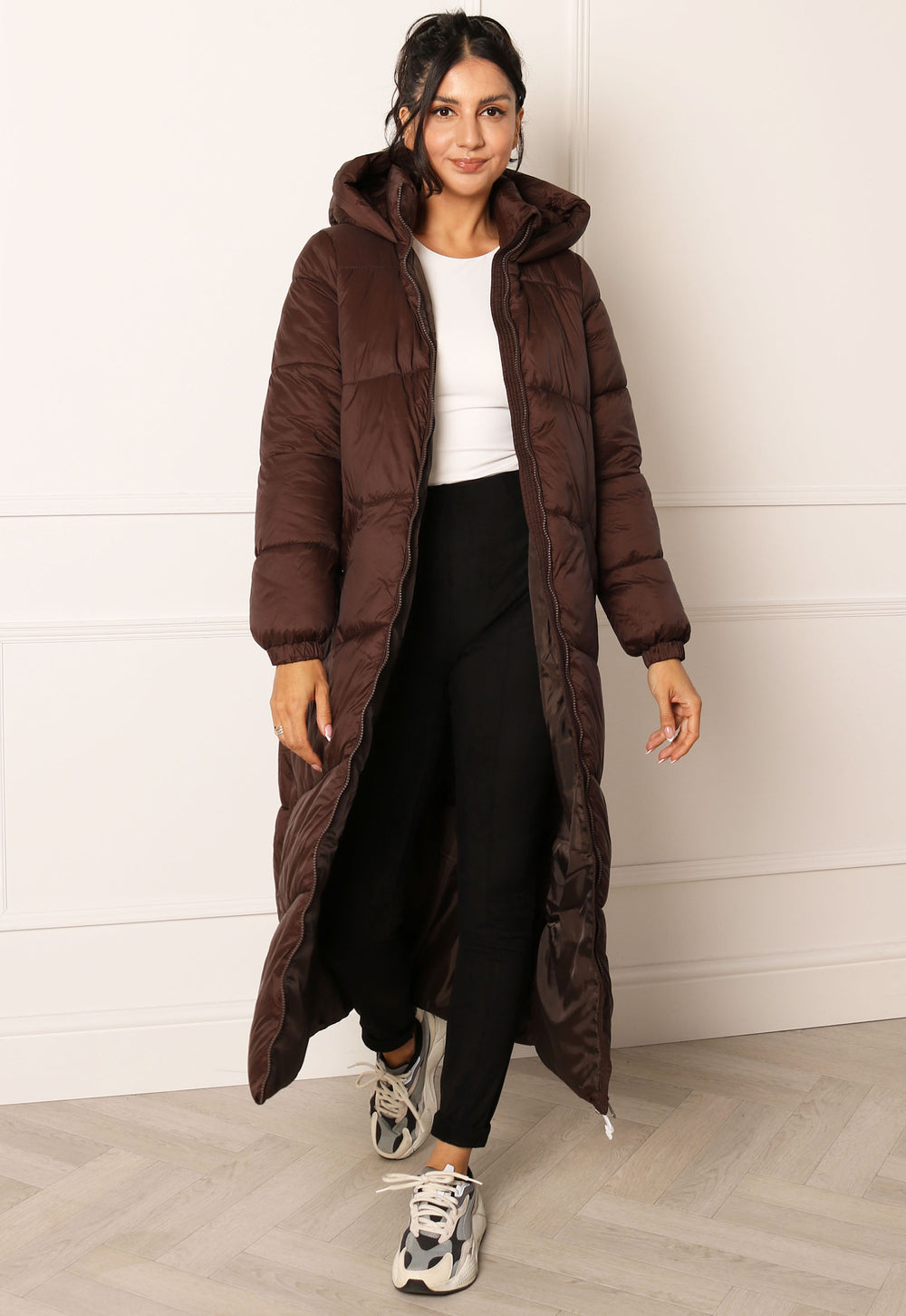 VERO MODA Sala Midi Chevron Longline Hooded Puffer Coat in Chocolate Brown - One Nation Clothing