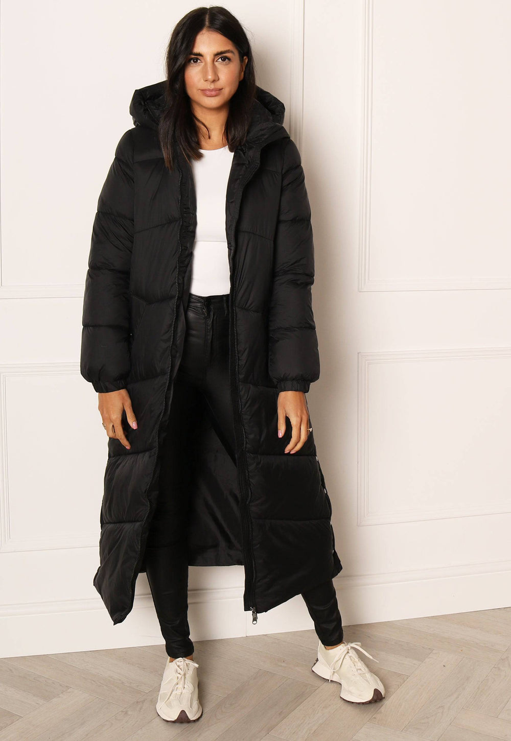 VERO MODA Sala Midi Chevron Longline Hooded Puffer Coat in Black - One Nation Clothing
