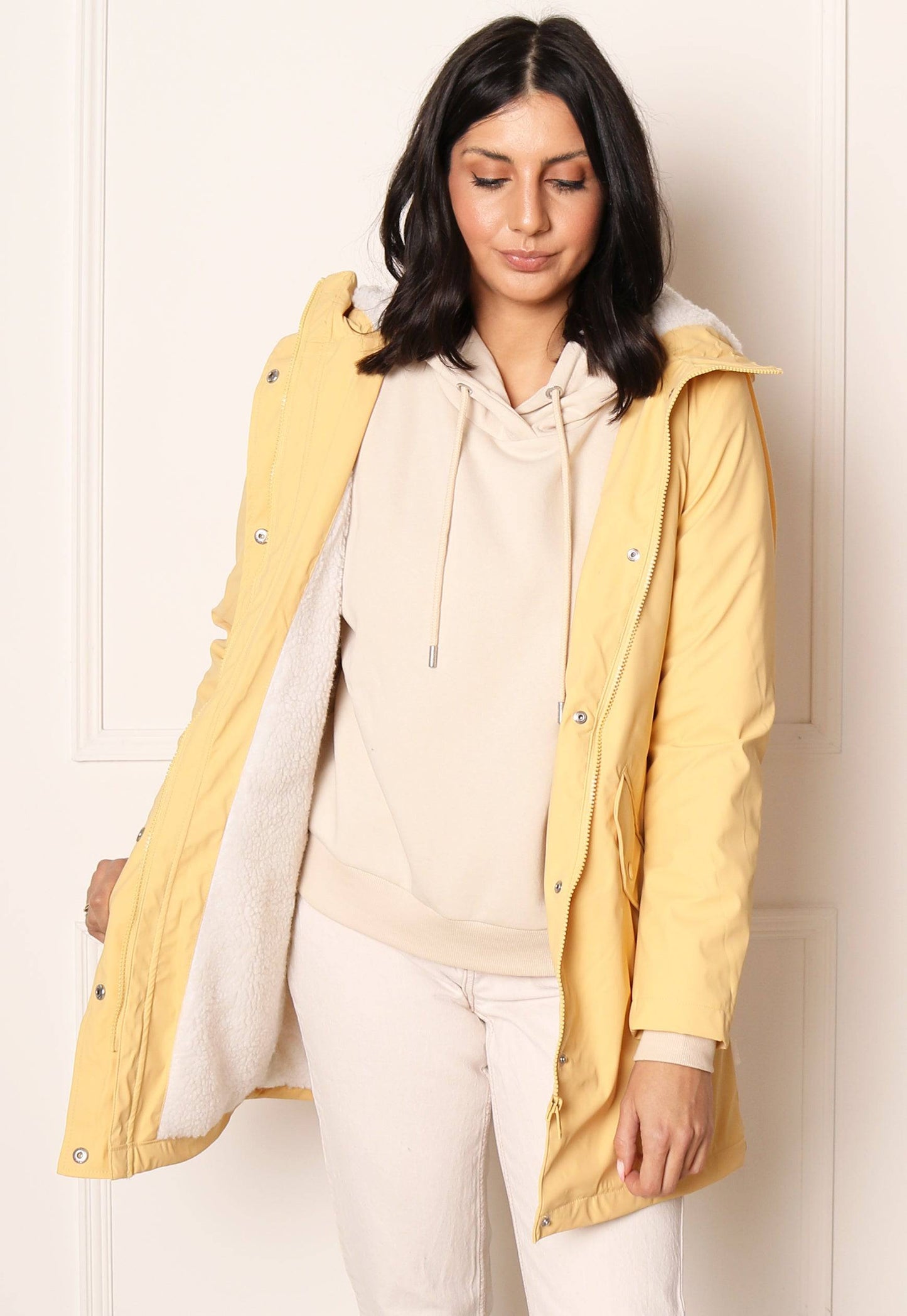 ONLY Sally Rubberised Matte Hooded Raincoat Mac with Shearling Lining in Yellow - One Nation Clothing