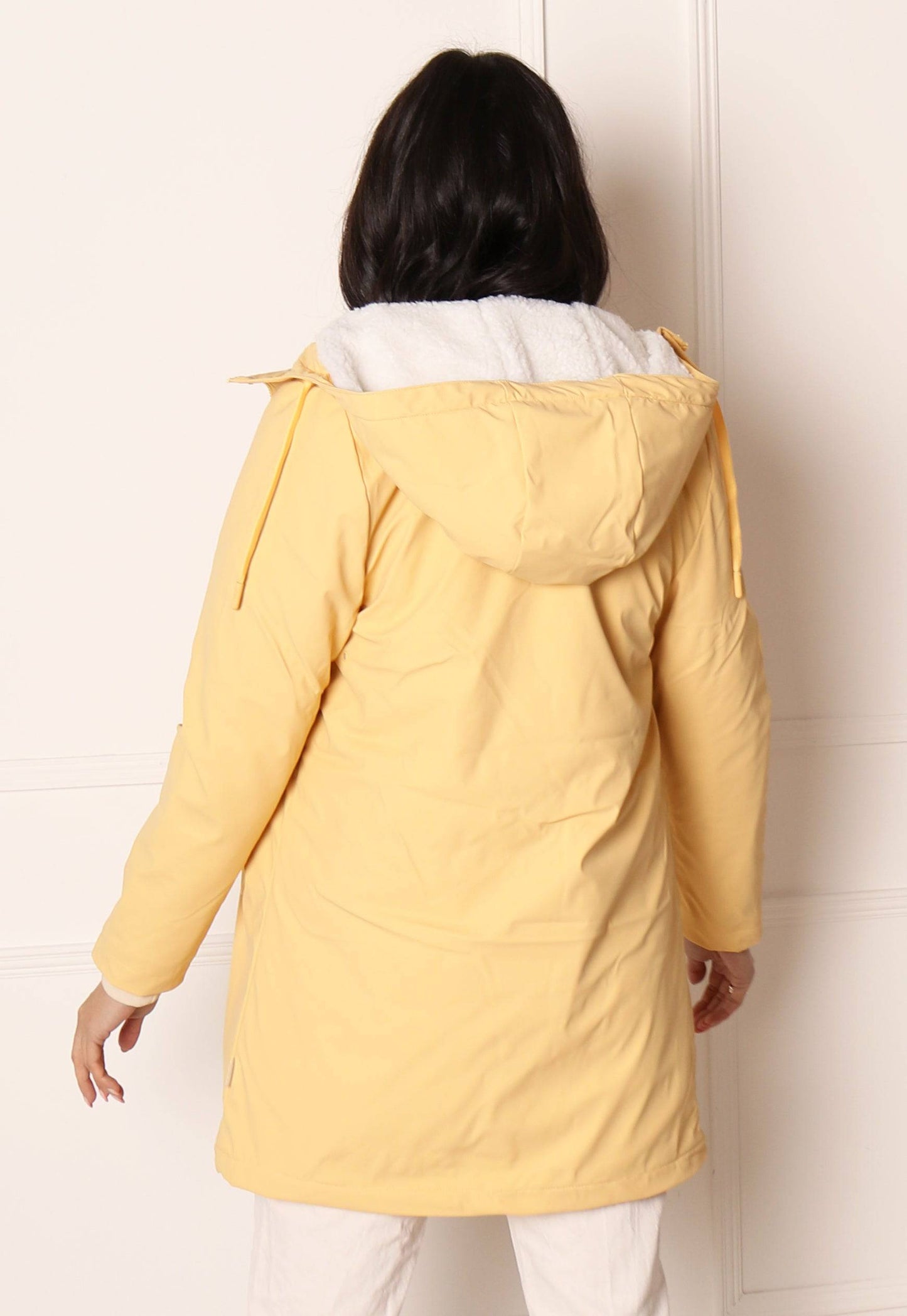 
                  
                    ONLY Sally Rubberised Matte Hooded Raincoat Mac with Shearling Lining in Yellow - One Nation Clothing
                  
                