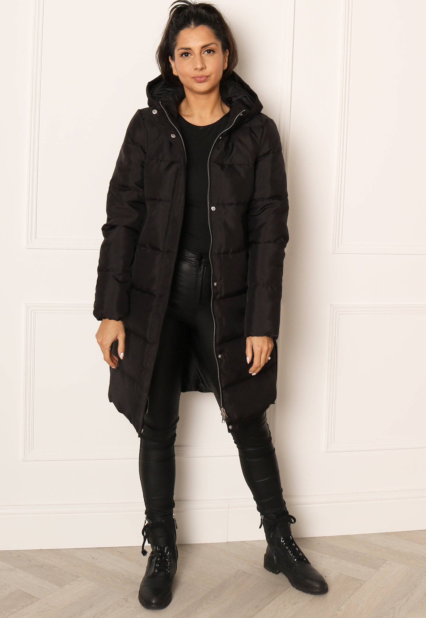 JDY Sunny Longline Hooded Padded Puffer Coat in Black - One Nation Clothing
