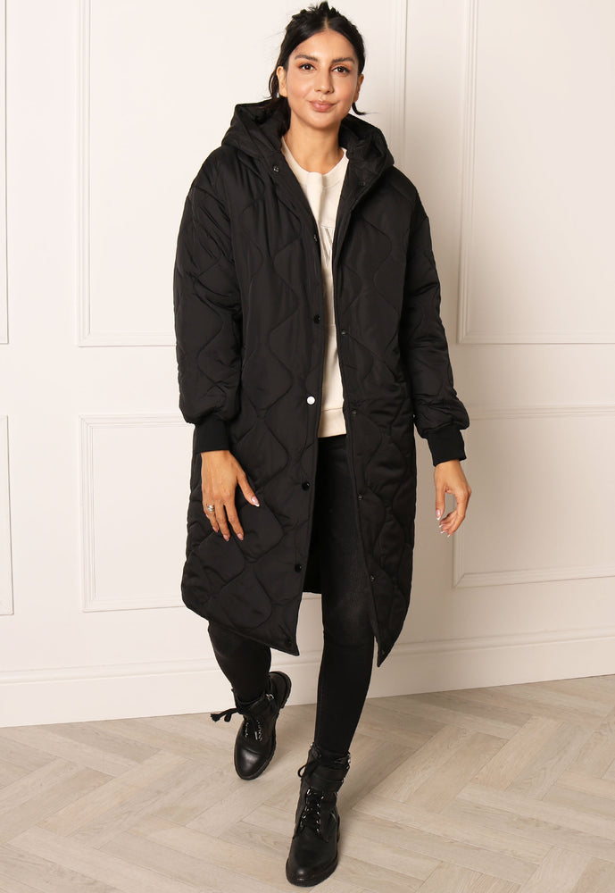 VILA Thora Onion Quilted Midi Coat with Hood in Black - One Nation Clothing