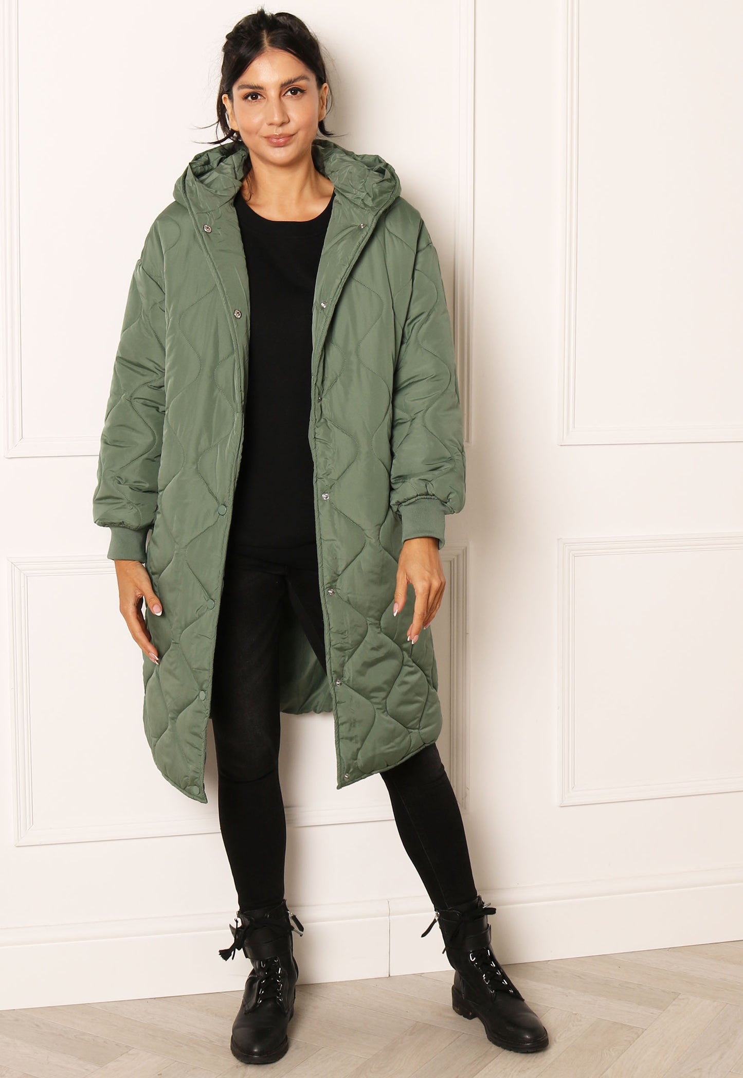 VILA Thora Onion Quilted Midi Coat with Hood in Mid Green - One Nation Clothing