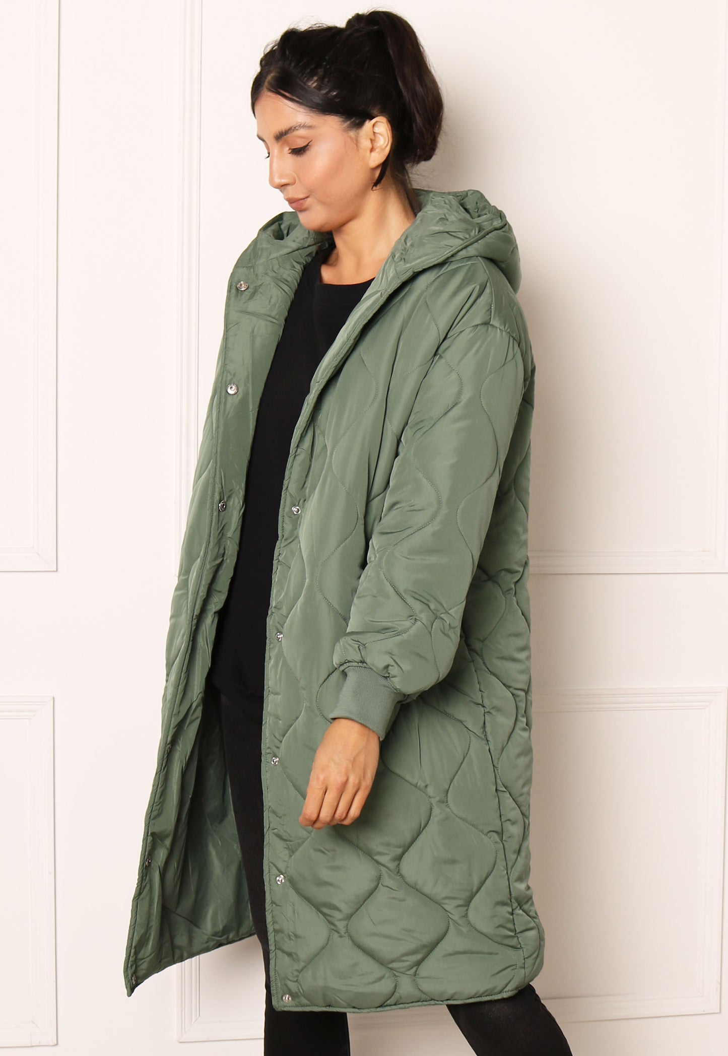 VILA Thora Onion Quilted Midi Coat with Hood in Mid Green - One Nation Clothing