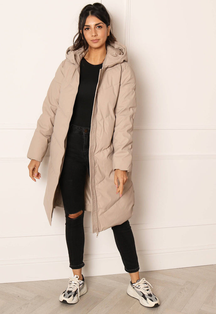 JDY Ulrikka Water Repellent Quilted Long Hooded Puffer Coat in Beige - One Nation Clothing