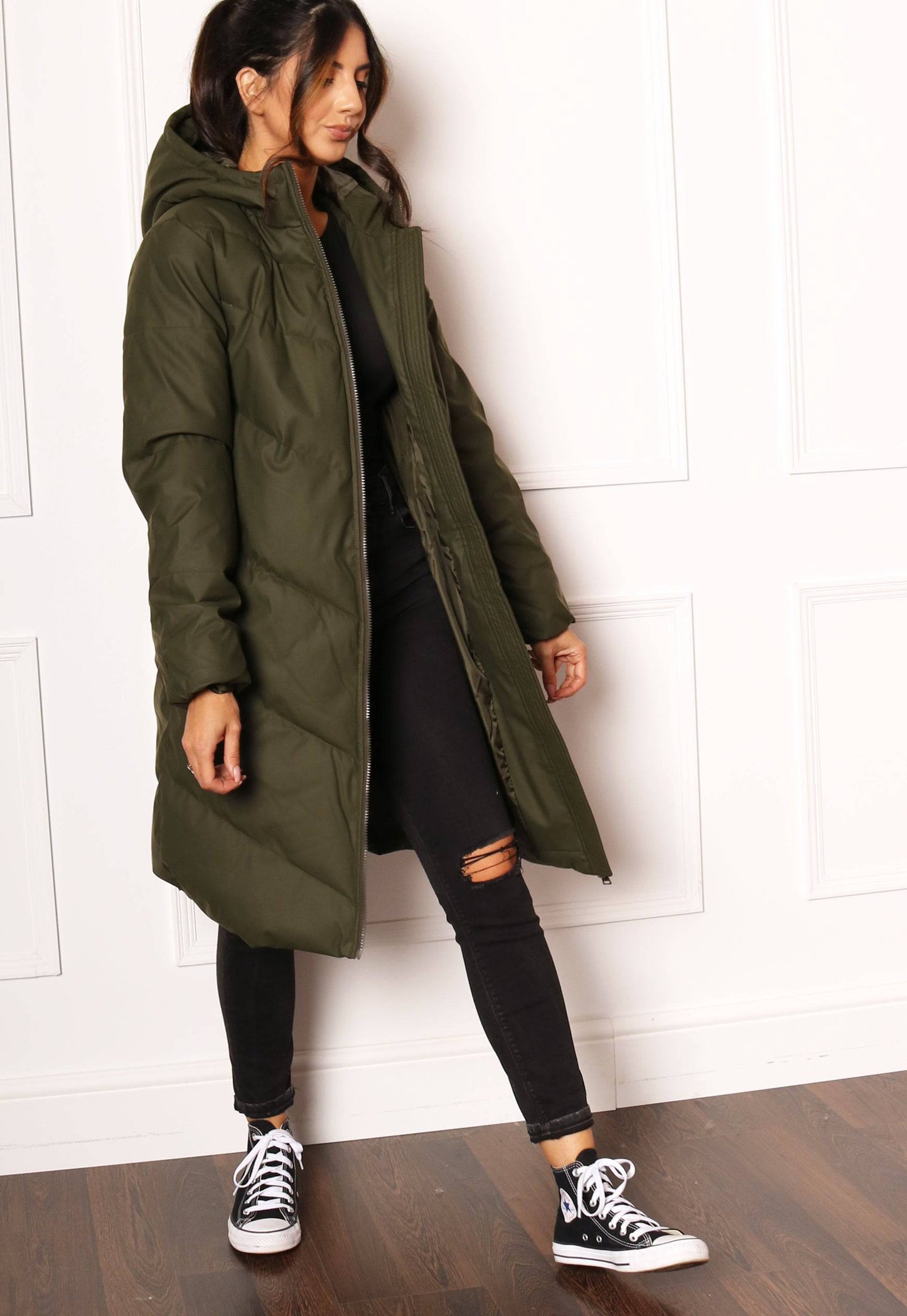 Khaki Fitted Long Puffer Jacket with Faux Fur Hood