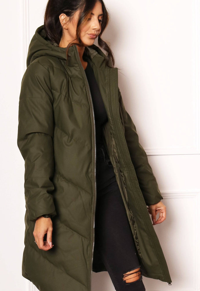 
                  
                    JDY Ulrikka Water Repellent Quilted Long Hooded Puffer Coat in Khaki - One Nation Clothing
                  
                