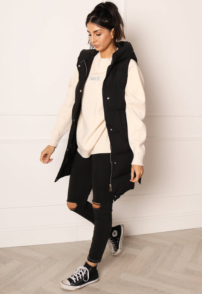 
                  
                    Midi Puffer Sleeveless Puffer Coat Gilet with Hood in Black - One Nation Clothing
                  
                