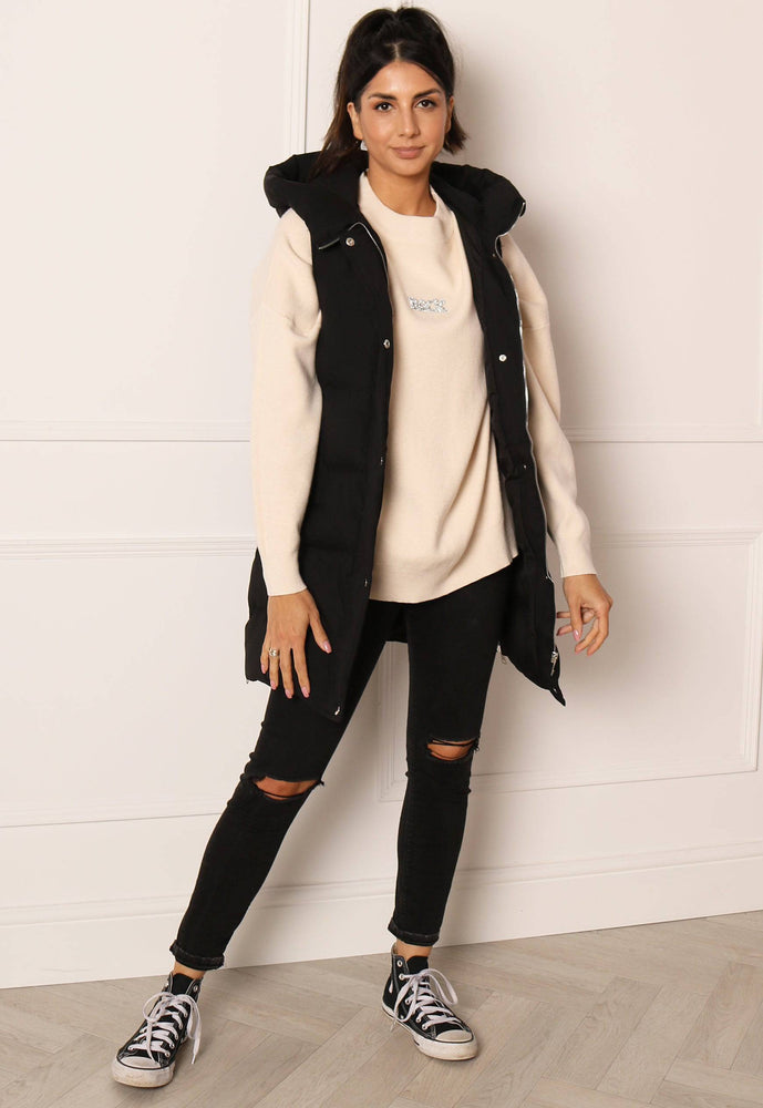 
                  
                    Midi Puffer Sleeveless Puffer Coat Gilet with Hood in Black - One Nation Clothing
                  
                