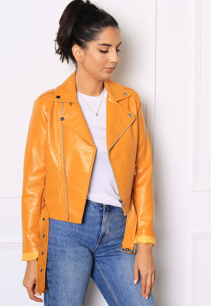 Leather Look Belted Biker Jacket with Asymmetric Zip in Mustard - One Nation Clothing
