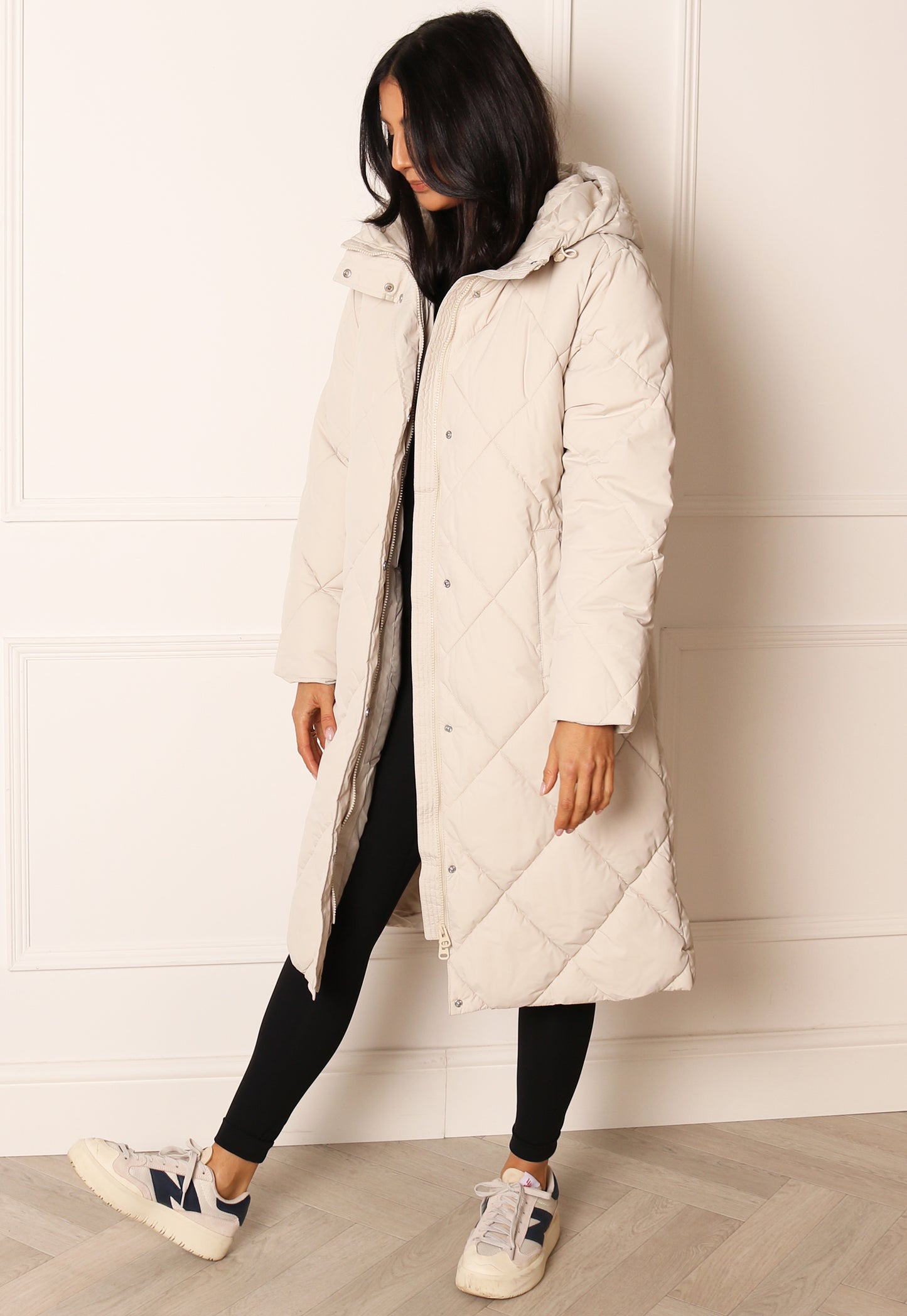 VERO MODA Laloa Diamond Quilted Midi Puffer Coat with Hood in Cream - One Nation Clothing