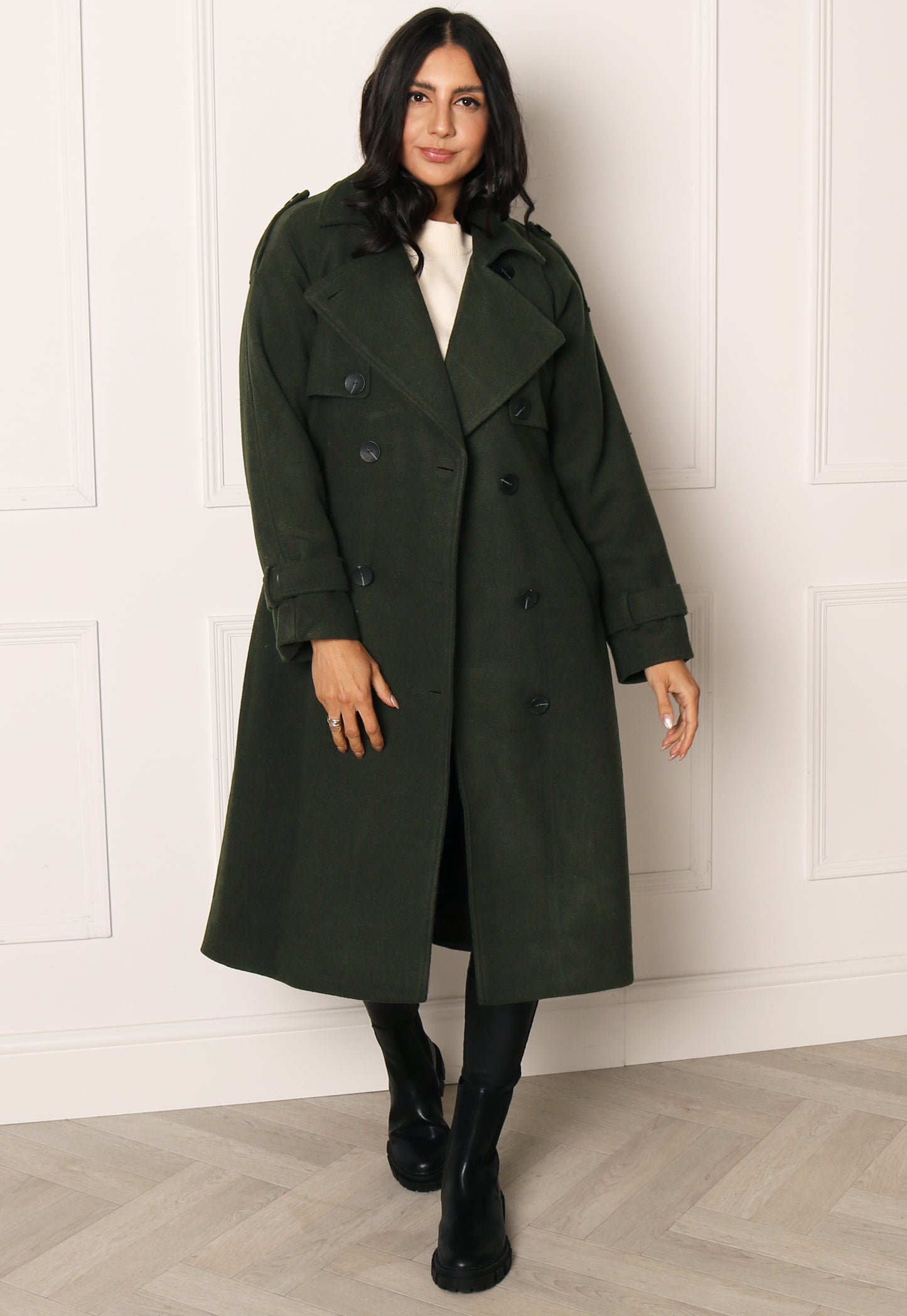 ONLY Alvina Smart Double Breasted Longline Wool Trench Coat in Dark Khaki - One Nation Clothing