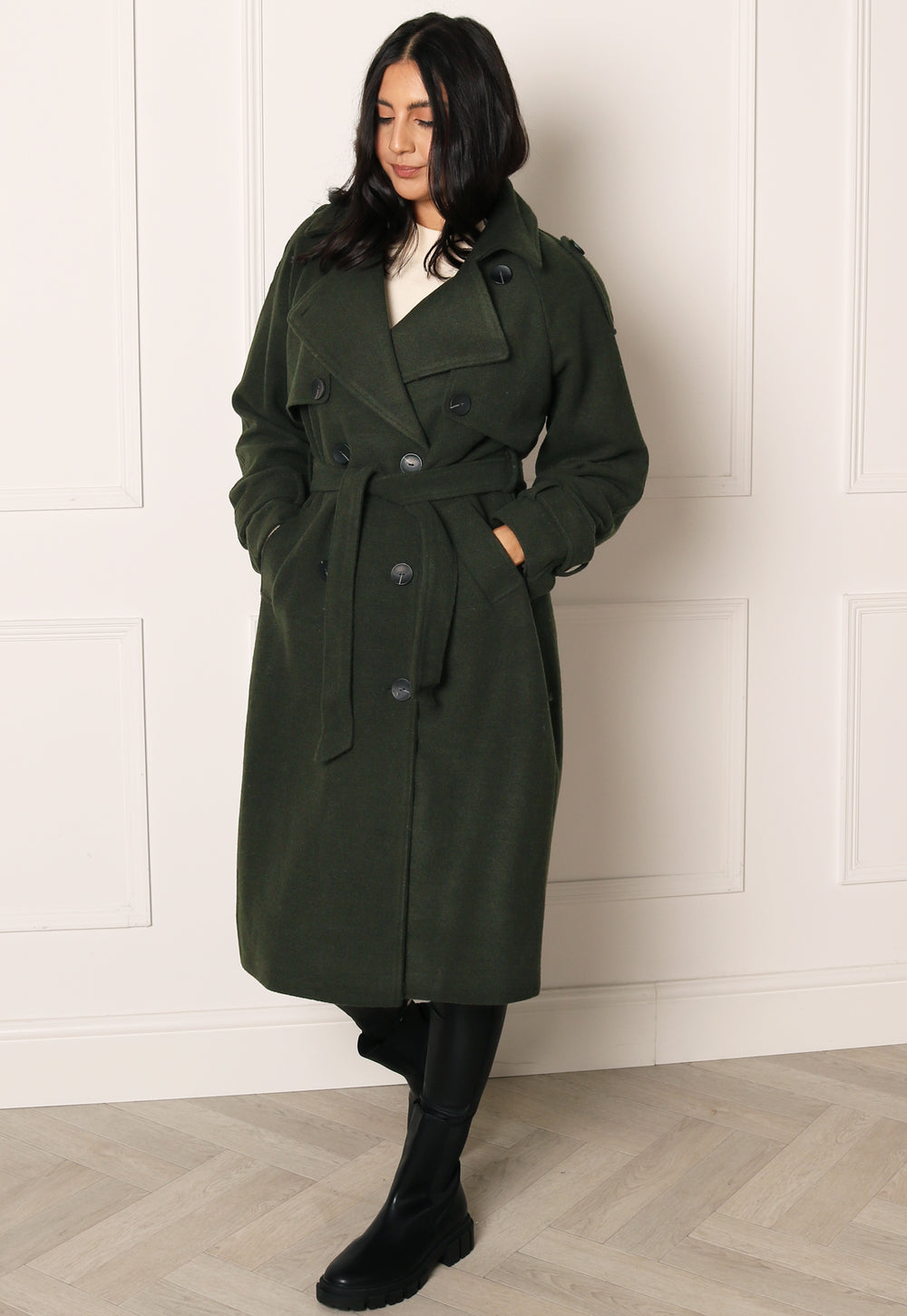 ONLY Alvina Smart Double Breasted Longline Wool Trench Coat in Dark Khaki - One Nation Clothing