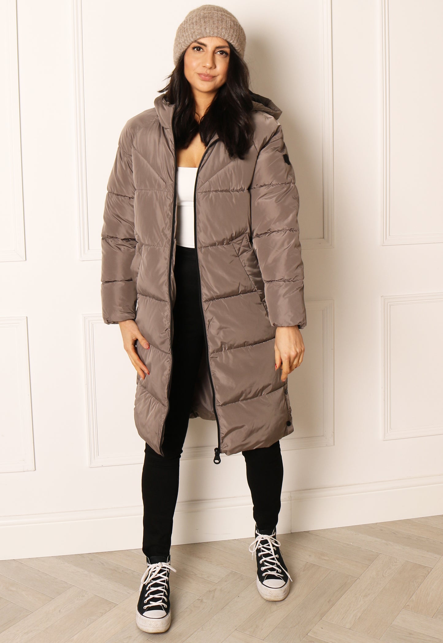 ONLY Amanda Hooded Padded Midi Puffer Coat with Side Poppers in Mushroom Beige - One Nation Clothing