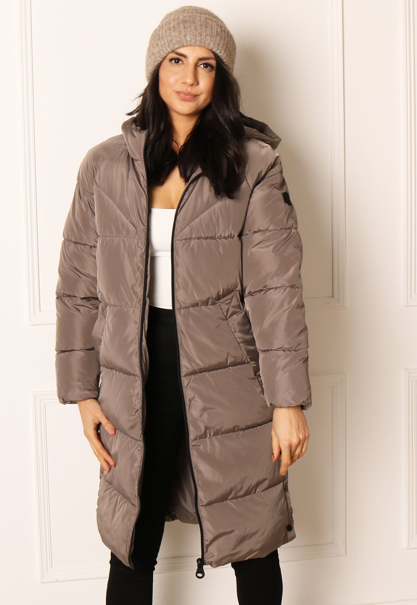 
                  
                    ONLY Amanda Hooded Padded Midi Puffer Coat with Side Poppers in Mushroom Beige - One Nation Clothing
                  
                