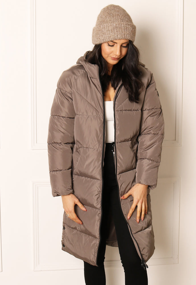 ONLY Amanda Hooded Padded Midi Puffer Coat with Side Poppers in Mushroom Beige - One Nation Clothing