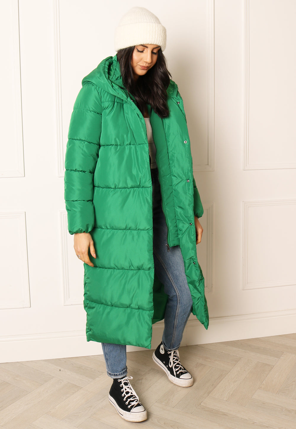 ONLY Amy Midi Longline Hooded Puffer Coat in Green - One Nation Clothing