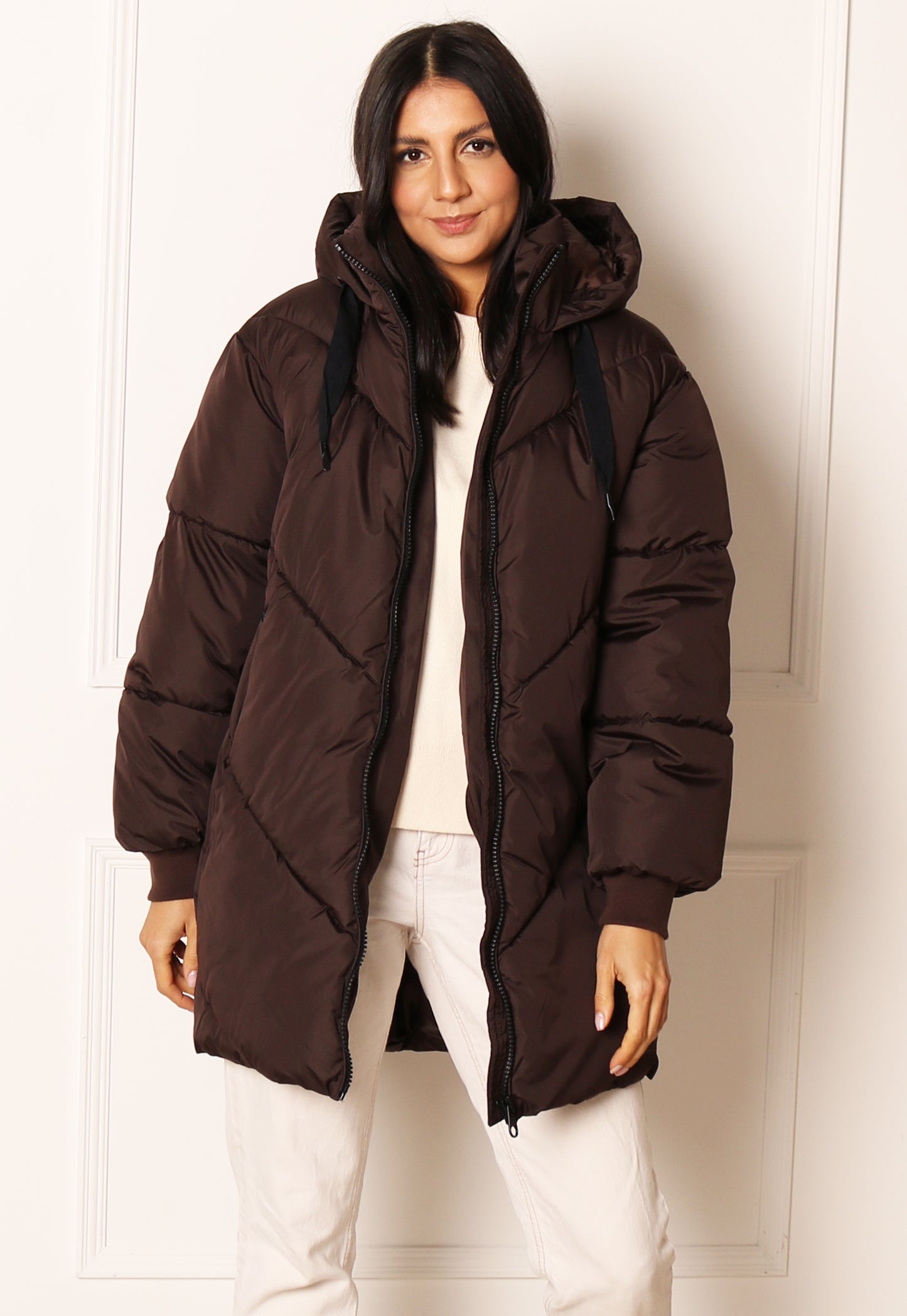 VERO MODA Beverly Oversized Longline Chevron Puffer Coat with Hood in Chocolate Brown - One Nation Clothing