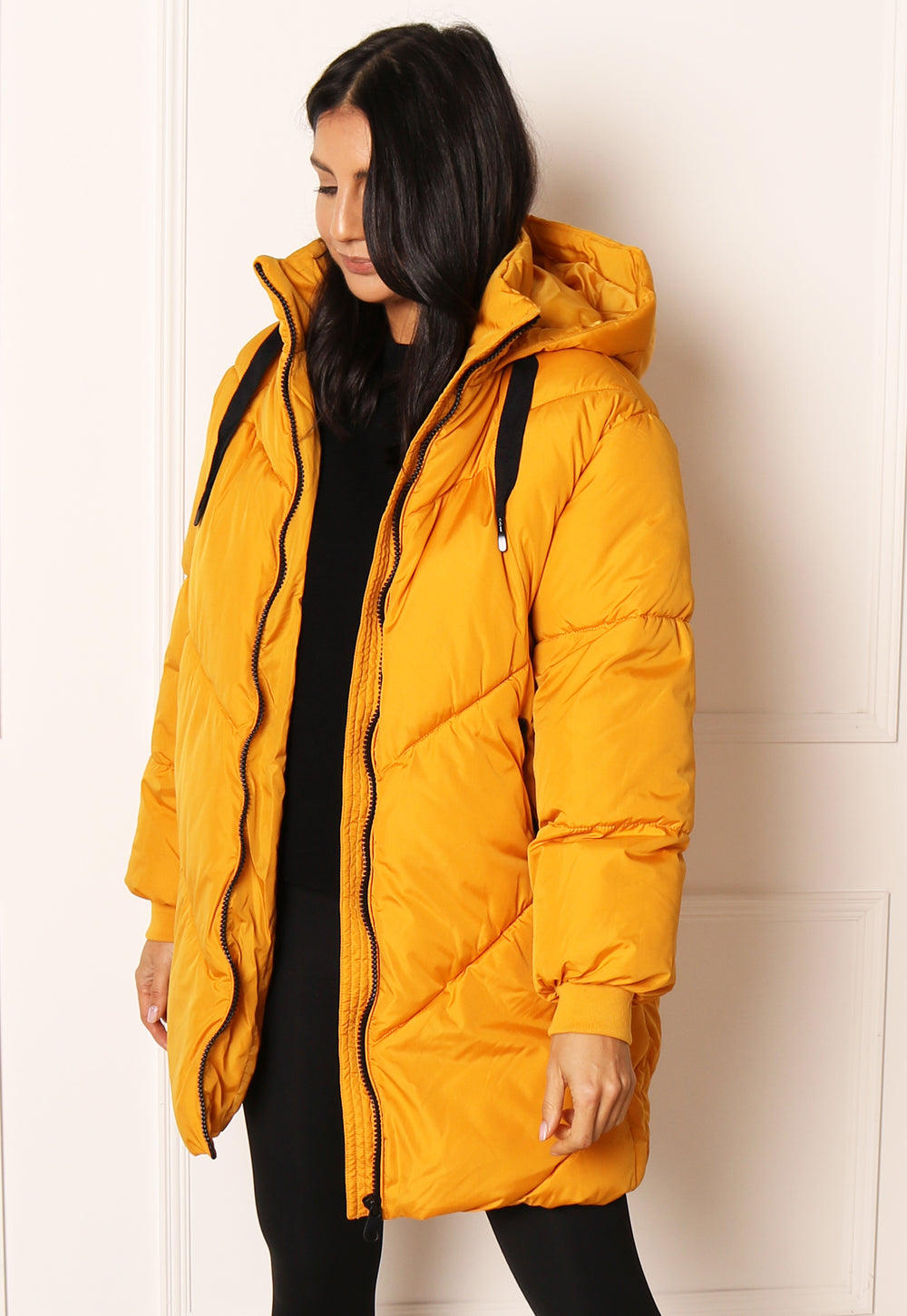 VERO MODA Beverly Oversized Longline Chevron Puffer Coat with Hood in Mustard Yellow - One Nation Clothing