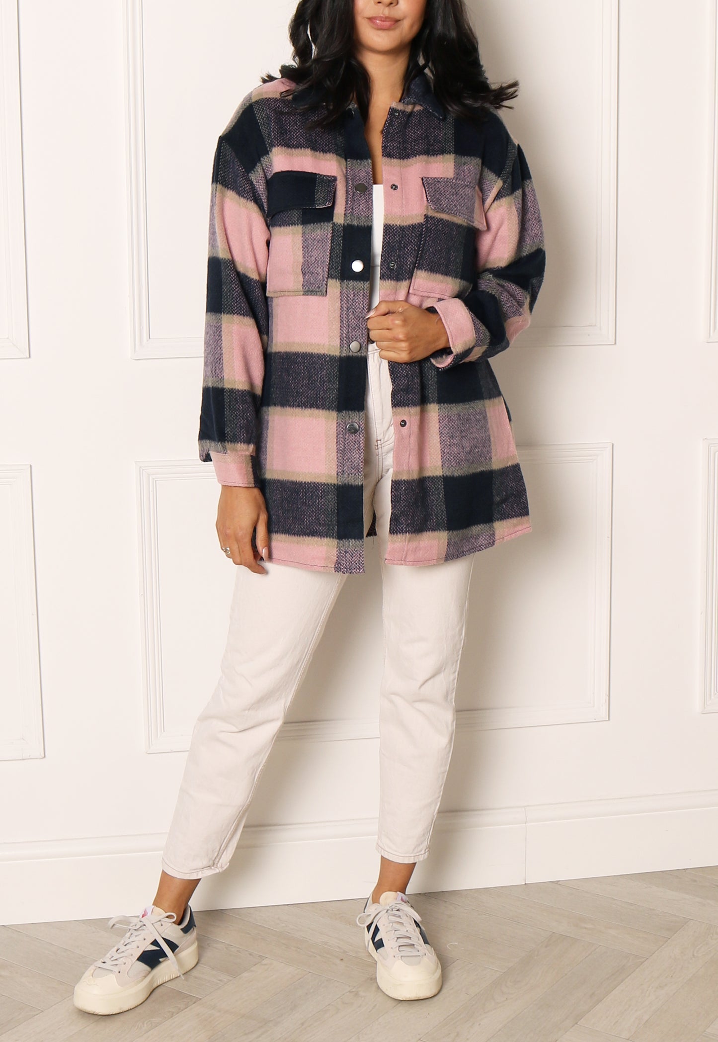 
                  
                    ONLY Demi Check Belted Workwear Shacket in Navy & Pink - One Nation Clothing
                  
                
