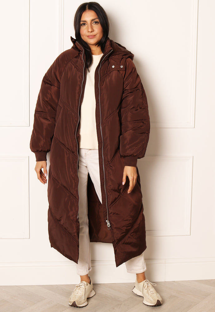 PIECES Felicity Maxi Longline Chevron Duvet Puffer Coat with Hood in Brown - One Nation Clothing
