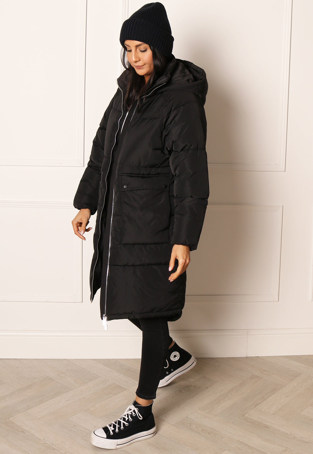 ONLY Gabi Oversized Longline Puffer Coat with Hood & Pockets in Black - One Nation Clothing