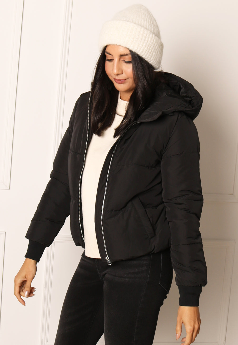 JDY Erica Hooded Boxy Short Padded Puffer Funnel Neck Jacket in Black - One Nation Clothing
