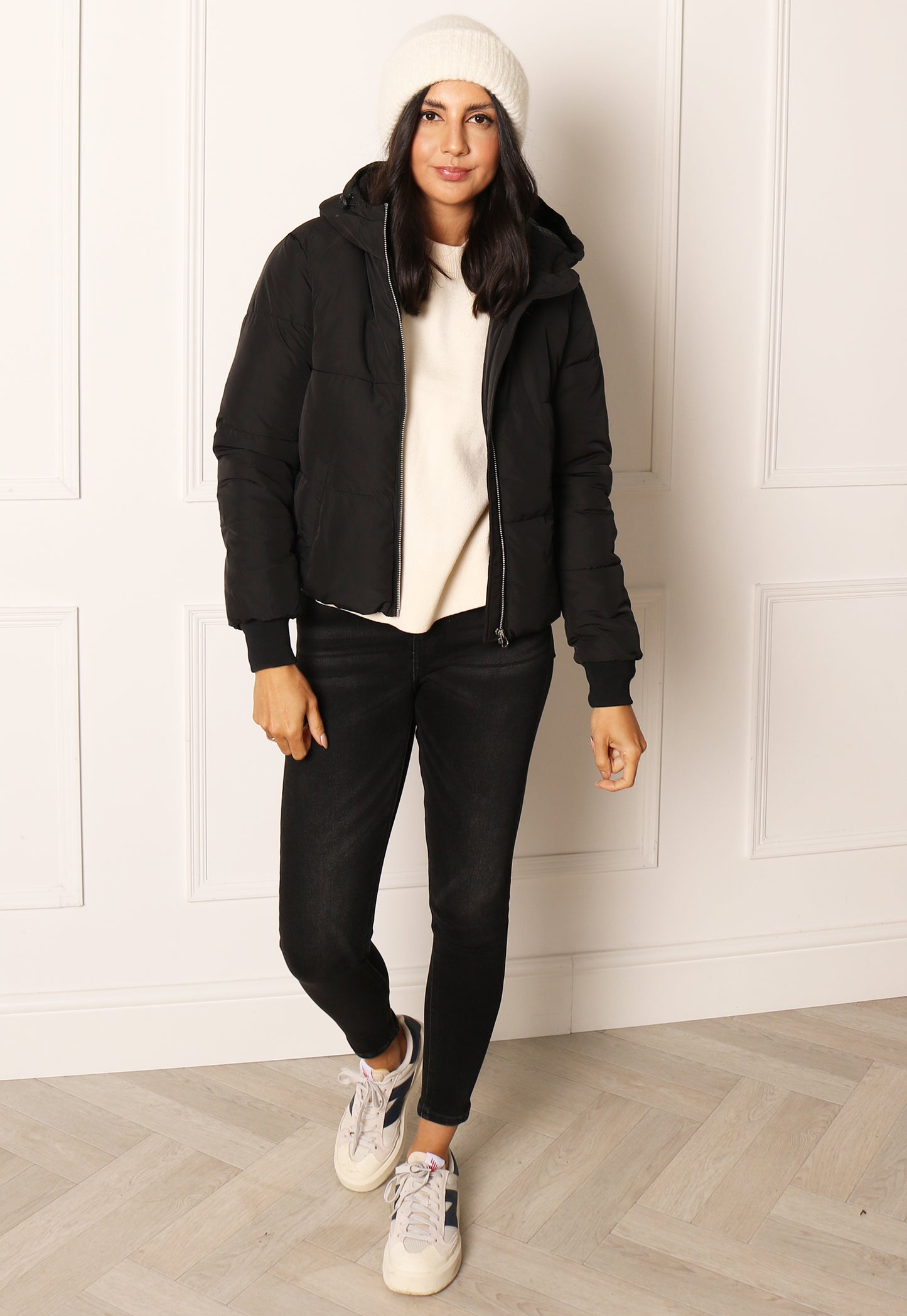 JDY Erica Hooded Boxy Short Padded Puffer Funnel Neck Jacket in Black - One Nation Clothing