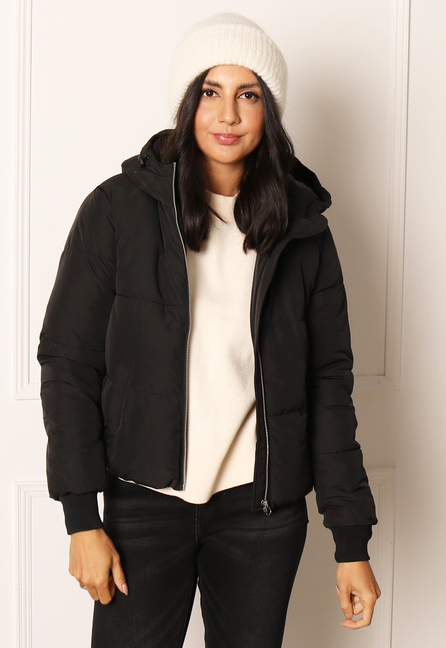 
                  
                    JDY Erica Hooded Boxy Short Padded Puffer Funnel Neck Jacket in Black - One Nation Clothing
                  
                