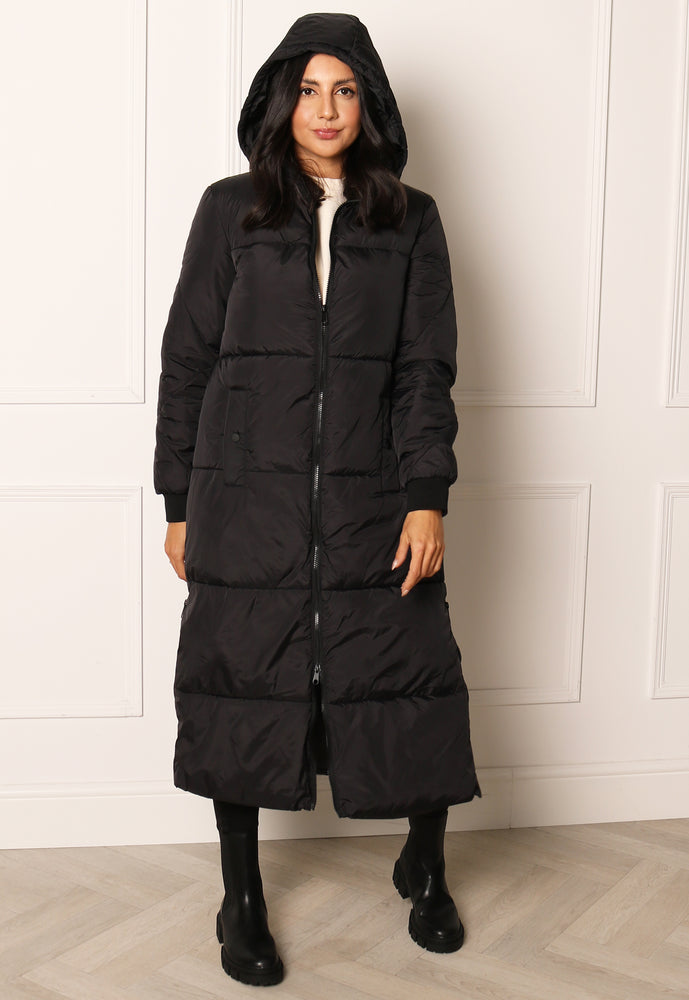 JDY Larvik Maxi Longline Hooded Quilted Puffer Coat in Black - One Nation Clothing